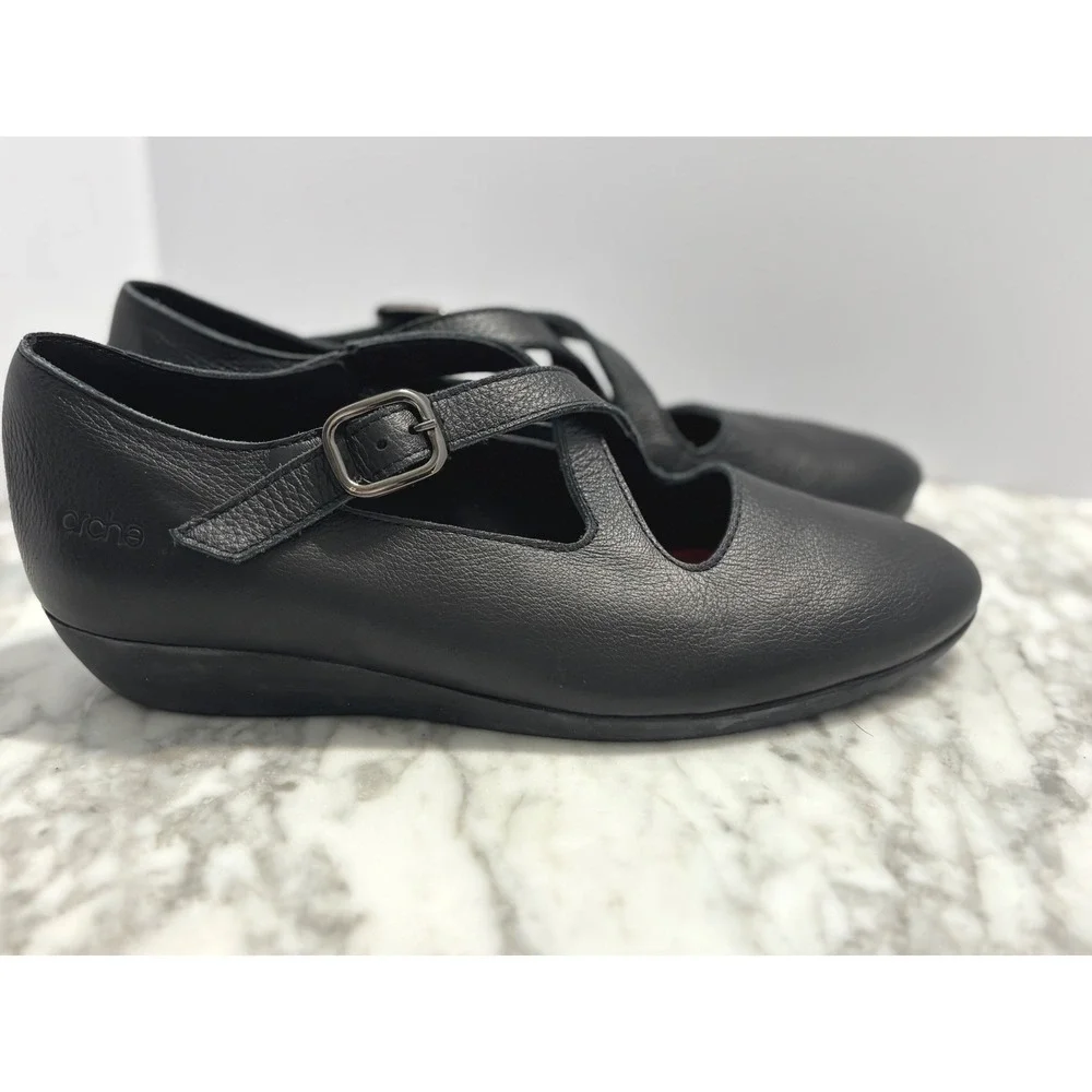 Arche Mary Jane Flats 36 Black Leather Criss Cross Strap Buckle Low Wedge France